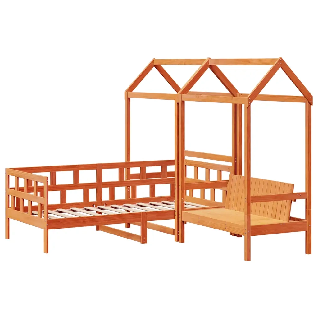 Letto singolo | Letto per adulti | Set Dormeuse con Tetto Marrone Cera 80x200 cm Massello Pino