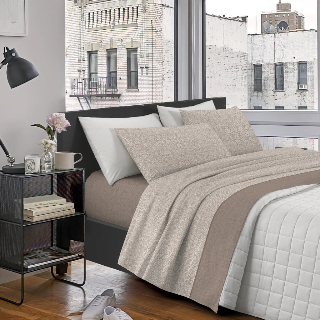 Completo Letto Lenzuola Matrimoniale,100% Cotone, Set letto, Lenzuolo Sopra, Sotto e Federe 2 Piazze Compose Beige