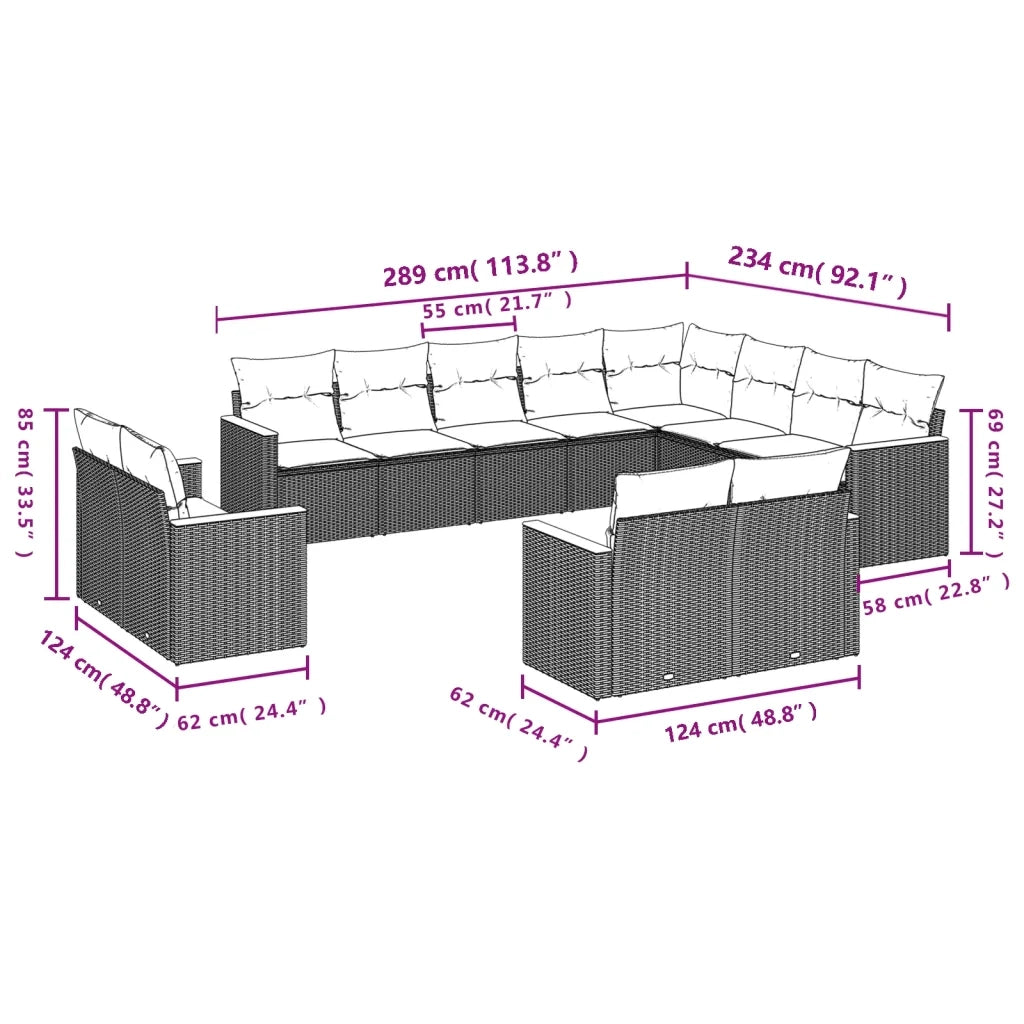 Set Divani da Giardino 12 pz con Cuscini Grigio in Polyrattan