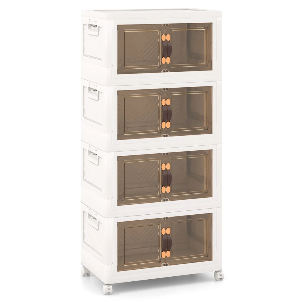 Set di contenitori impilabili con ruote bloccabili, Mobile in PP pieghevole con coperchi Bianco 49,5x31,5x112,5cm