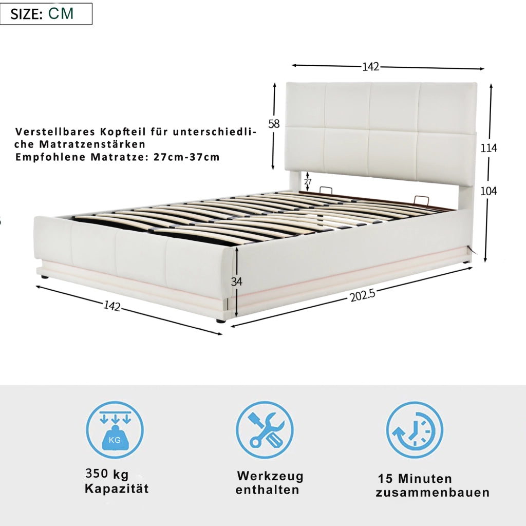 Letto doppio imbottito 140x200cm con luce LED e riporto sotto il letto bianco