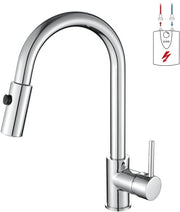 Lavandino con maniglia a sfera 360° rotativa, 3 uscite per boiler, alta bocchetta a doppia funzione doccia con 2 posizioni, in acciaio inox.