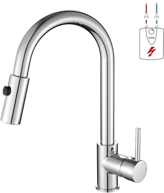 Lavandino con maniglia a sfera 360° rotativa, 3 uscite per boiler, alta bocchetta a doppia funzione doccia con 2 posizioni, in acciaio inox.