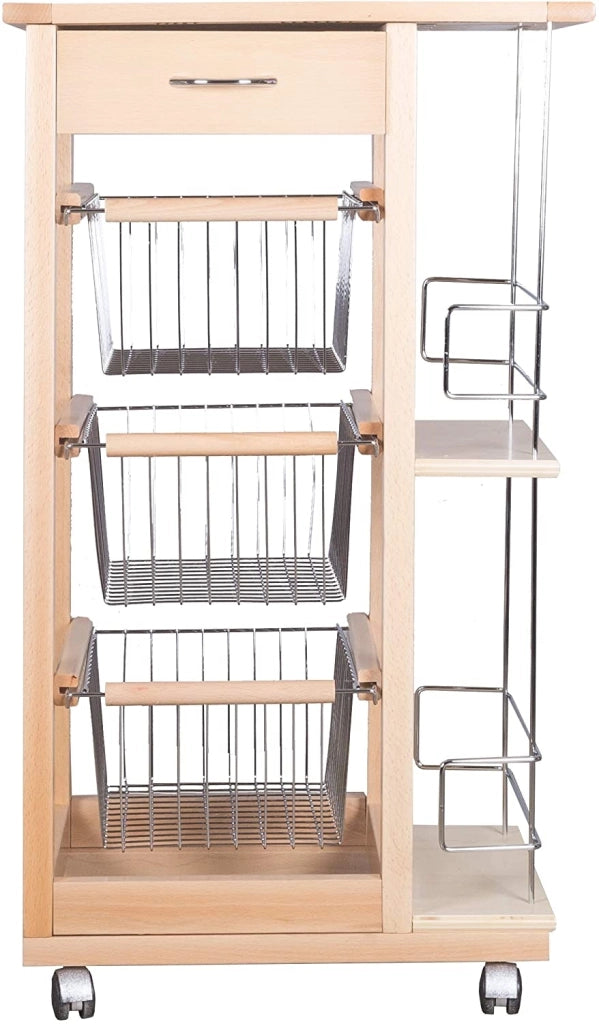 Carrello Cucina Salvaspazio in Legno di Faggio con Cassetto E Cesti Contenitori Portabottiglie Vino 4 Ruote Gir Naturale