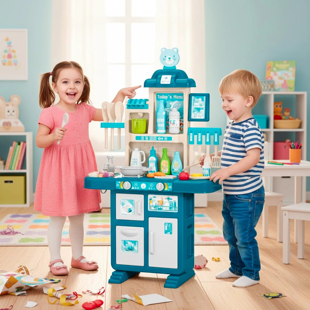 Cucina Per Bambini Giocattolo Con Luci E Suoni Realistici 69 Accessori Fornelli E Rubinetto Con Sistema Di Riciclo Dell'Acqua Per Bambini Dai 3-5 Anni Blu E Bianco