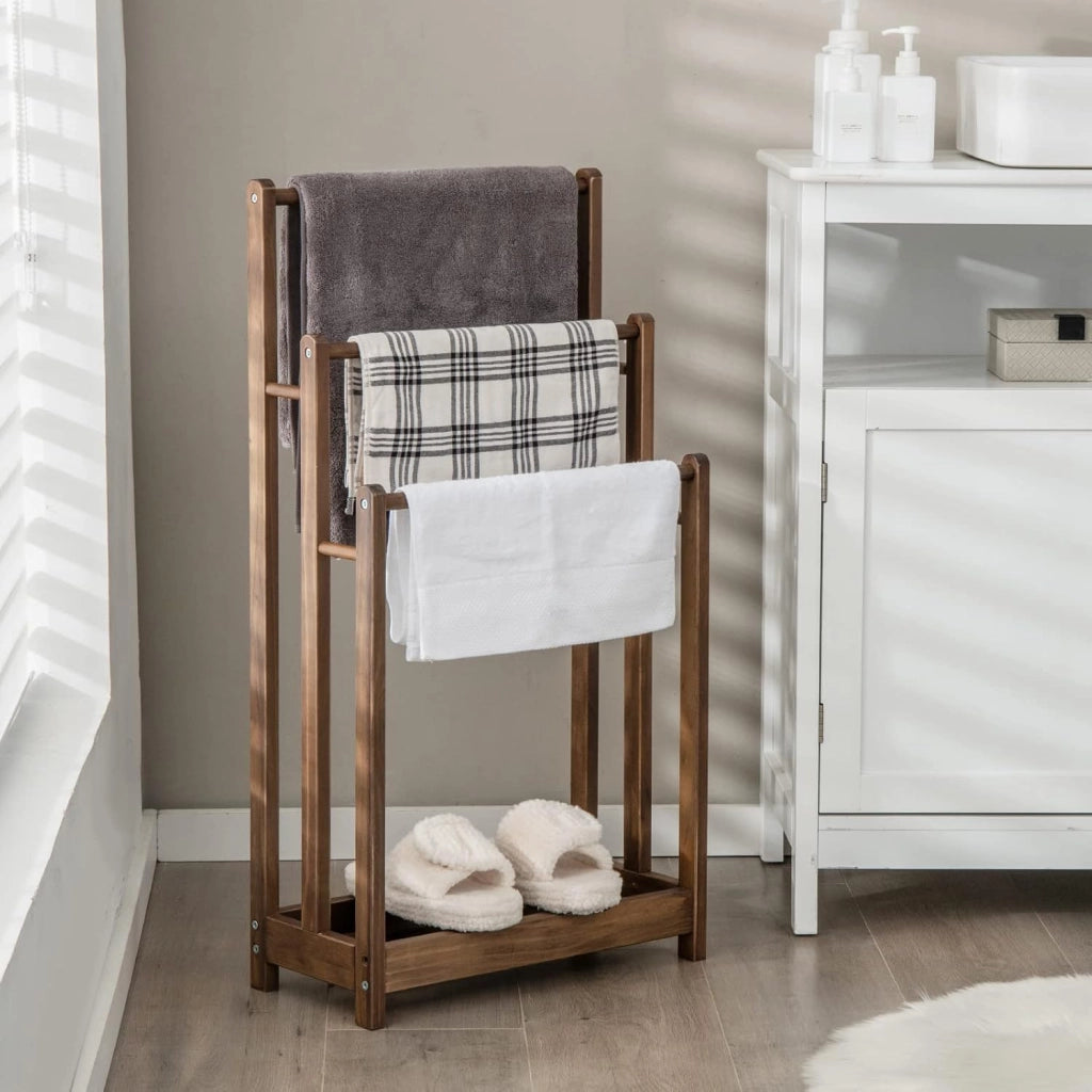 Portasciugamani in Legno da Terra, Porta Asciugamani a 3 Livelli con Mensola Inferiore, Dispositivo Anti-Ribaltamento, Supporto Leggero per Asciugamani da Bagno e Stanza Lavanderia (Marrone)