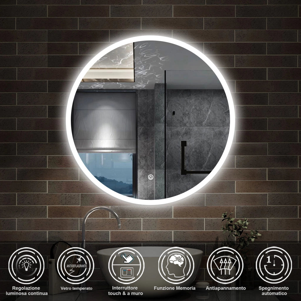 specchio 60 cm rotondo con luce led antiappannamento e touch