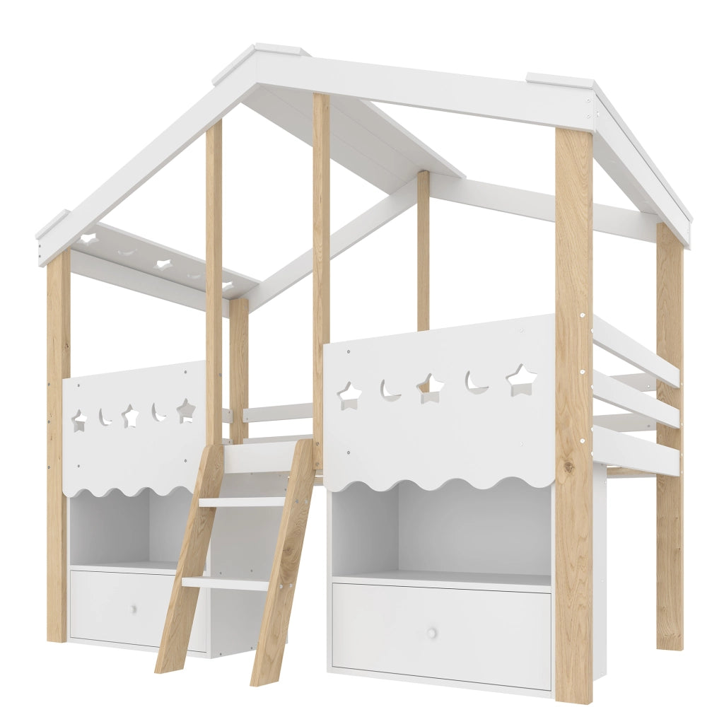 OKWISH Letto a Soppalco 90×200 cm, Letto Singolo con 2 Cassetti, LED Regolabile e Mensole, senza Materasso, in Pino, Bianco e Naturale