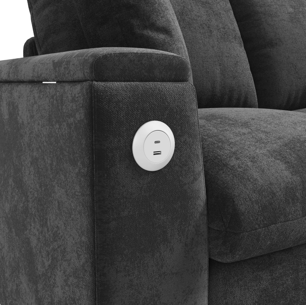 Divano a U in chenille grigio con contenitore e prese USB/Type-C