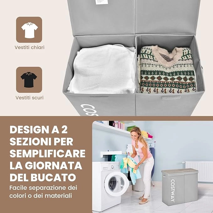 115 L Cesto Portabiancheria con Coperchio, Portabiancheria Sporca con 2 Scomparti e Maniglie, in Tessuto Non Tessuto, Ideale per Bagno Lavanderia, 62 x 31 x 60 cm (Grigio)