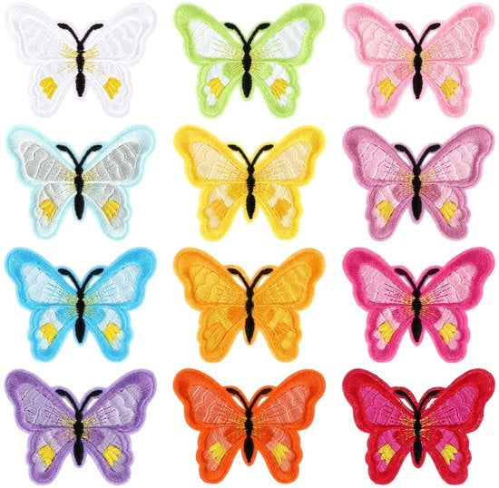 Pannelli applicabili opstrikkabili - 12 pezzi farfalla - Adesivi ricamati - Attività manuali DIY - Abbigliamento/borse - Materiale: poliestere, 7 x 5,4 cm - Pannelli adesivi per abbigliamento