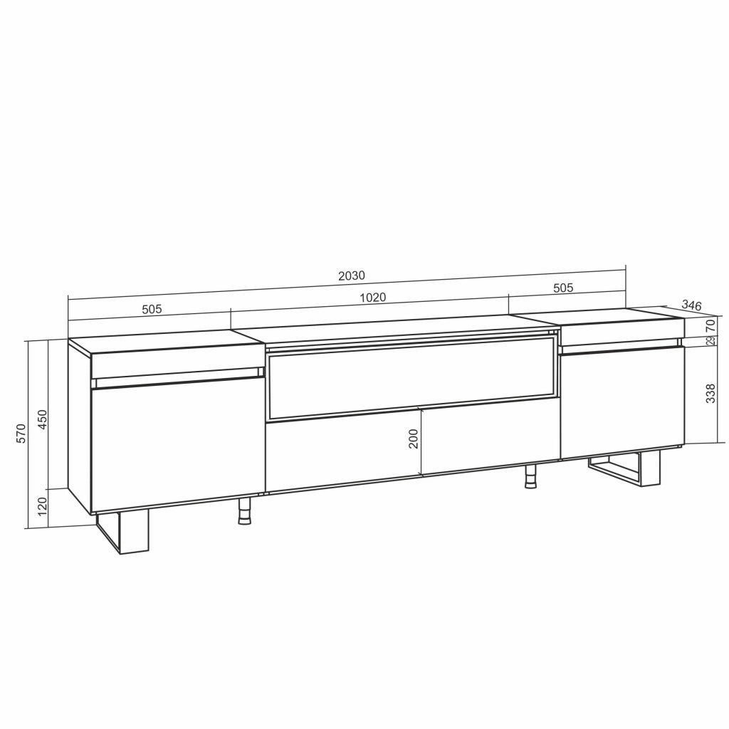 Mobile TV, 200x35x57cm, soggiorno, Per TV fino a 80", Camino elettrico, Design industriale, grigio cemento RF2224