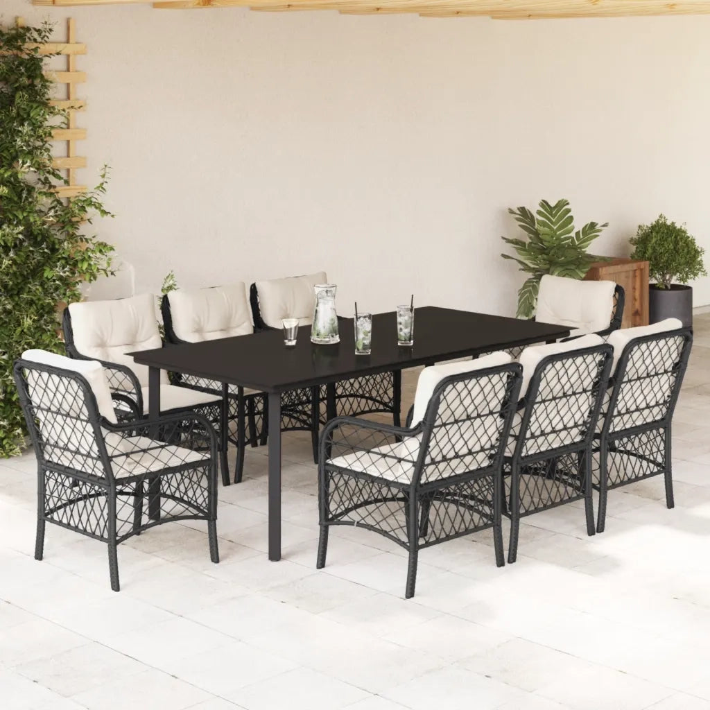 Set da Pranzo da Giardino 9 pz con Cuscini Nero in Polyrattan 3212095