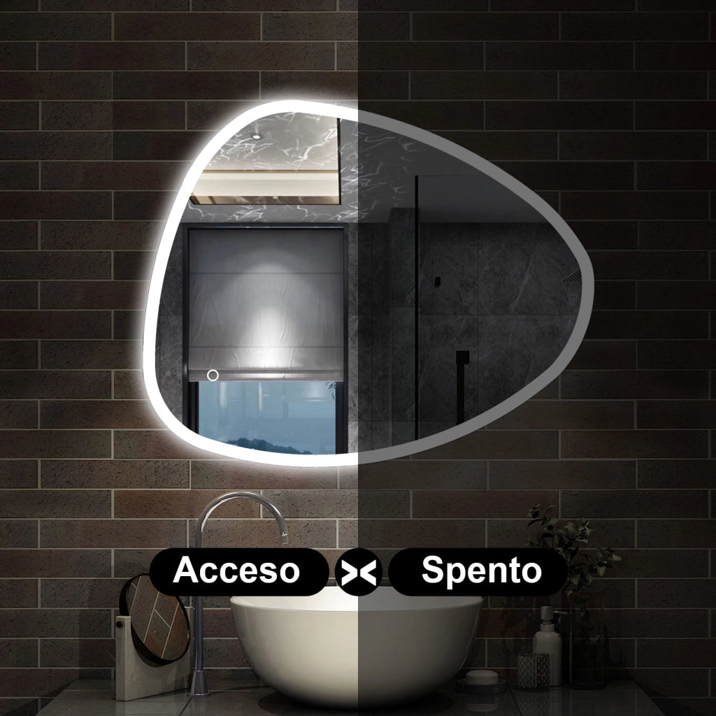 specchio forma irregolare 100x80 cm retroilluminato con luce a 3 colori, touch e pellicola antideflagrante