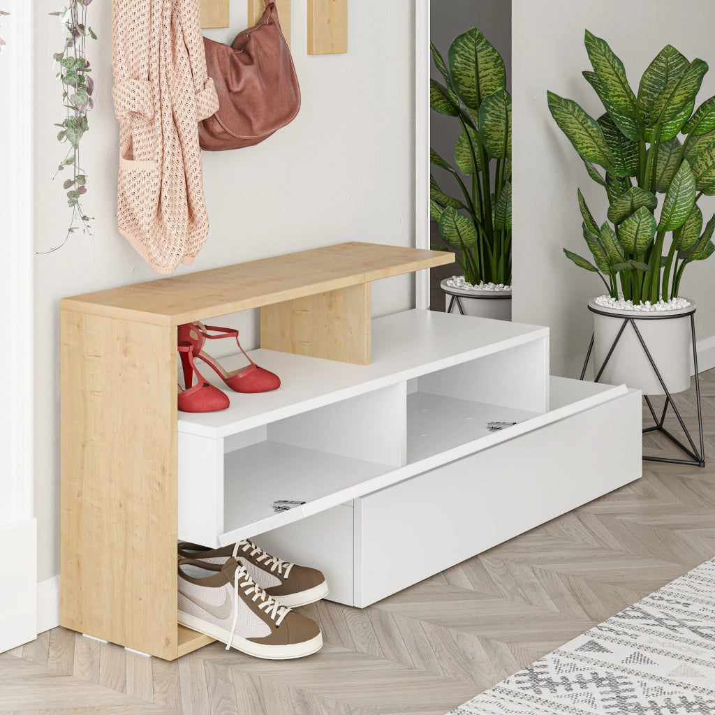Mobile da ingresso "Ramda" con specchio in legno - 137 x 35 x 154 cm - Beige