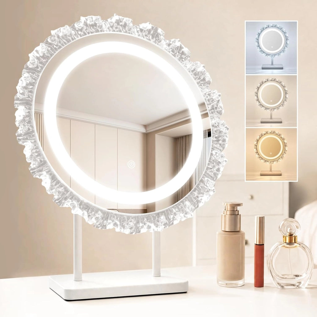ZMH Specchio da trucco illuminato LED da tavolo per interni Rotondo Hollywood 40x48cm Specchio per toeletta