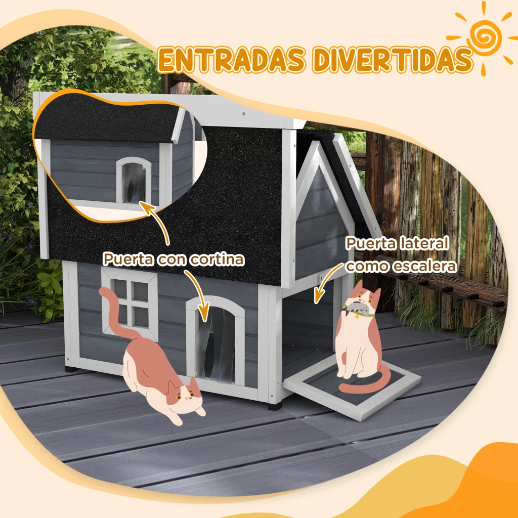 Casetta per Gatti in Legno ¨C Xylo ¨C Tetto Apribile 3 Porte Finestra Esterno 77x57,5x68cm Grigio Nero