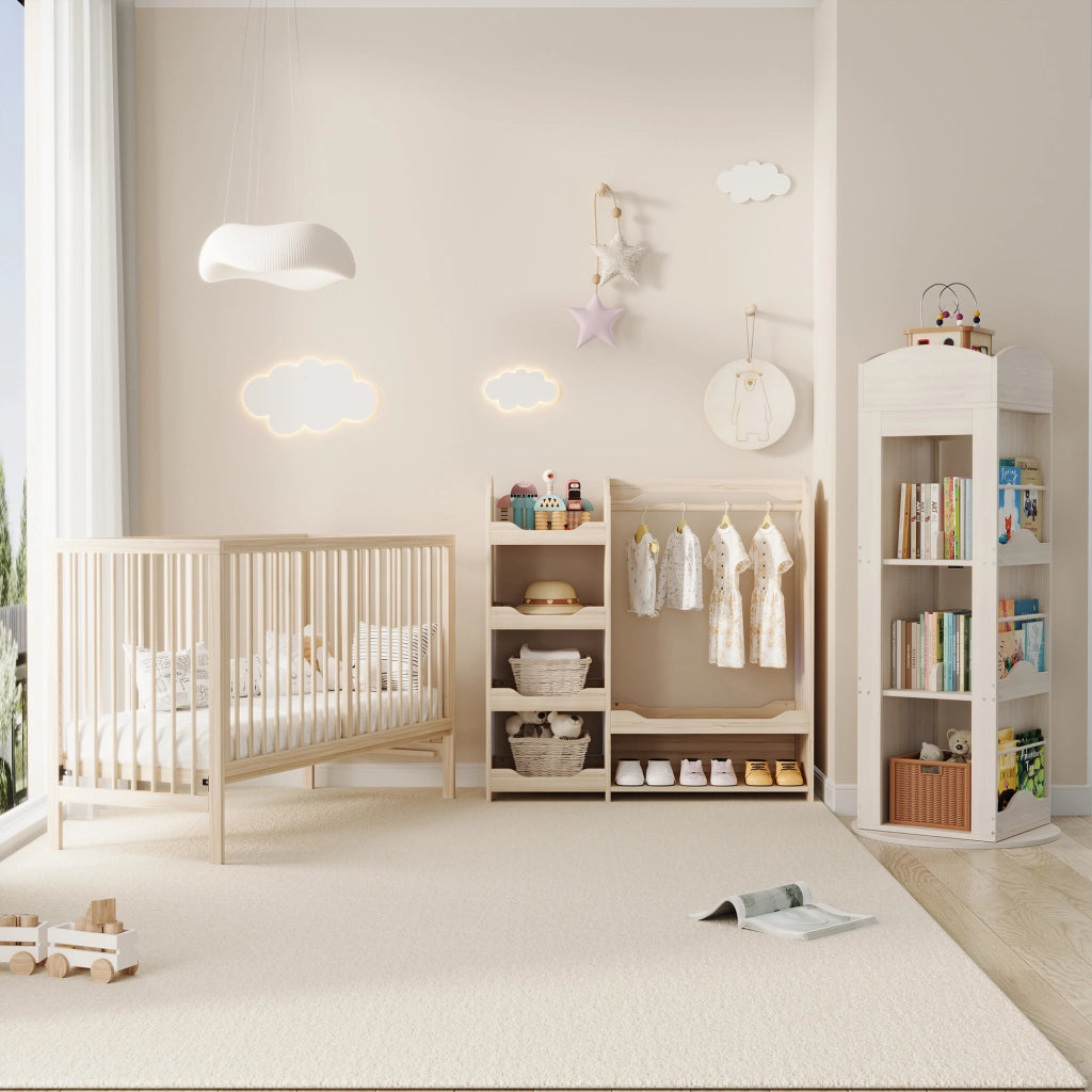 Camera completa con lettino trasformabile, armadio aperto e libreria girevole in legno massello e MDF naturale