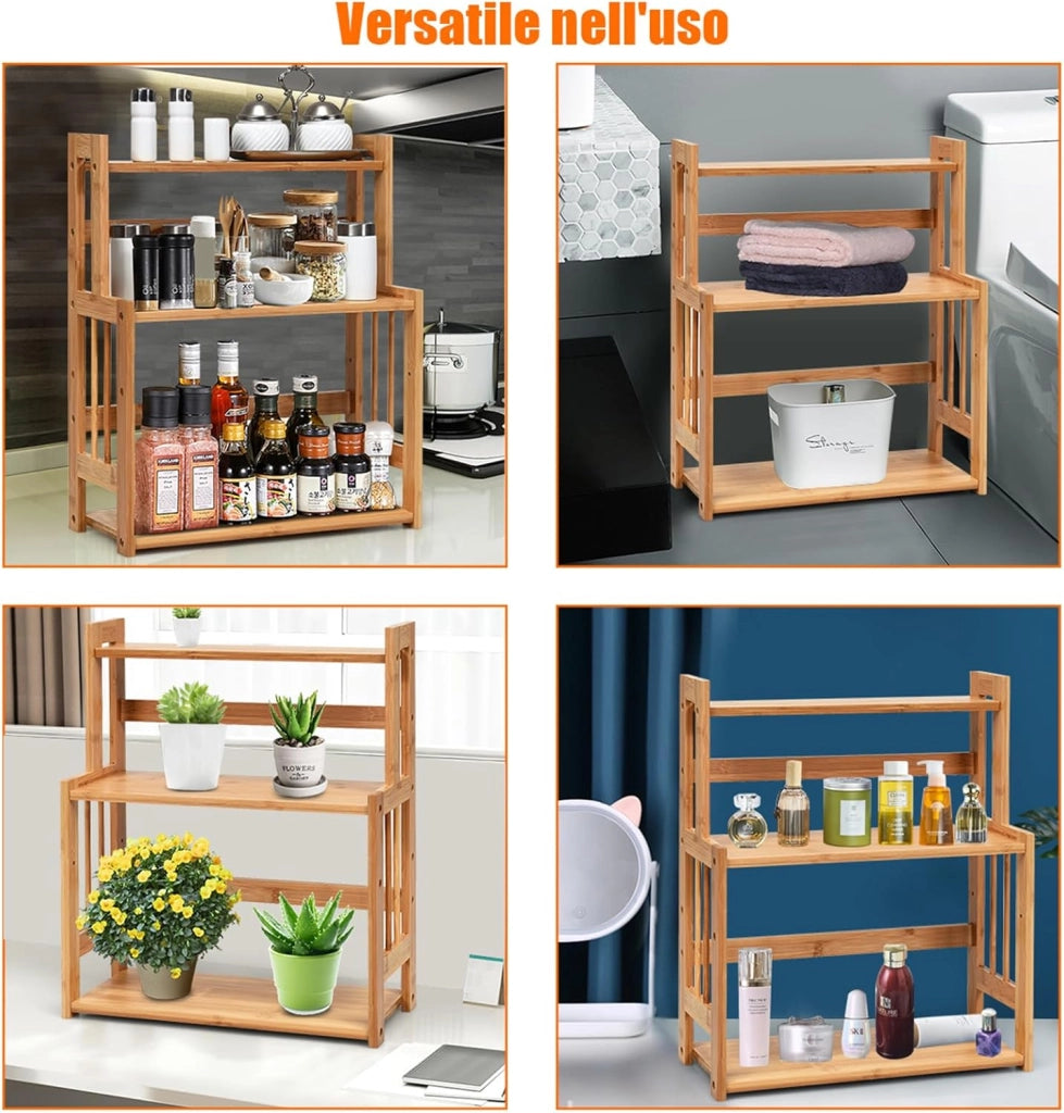 Porta Spezie a 3 Ripiani, Portaspezie Mensola per Cucina Bagno e Toletta, Organizzatore Supporto Porta Spezie in Legno bambù, Carico 20kg, 50 x 41,5 x 18 cm
