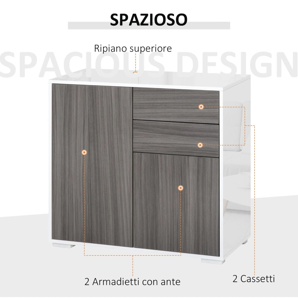 Mobile Multiuso 79x36x74 cm 2 Cassetti 2 Ante  Grigio e Bianco
