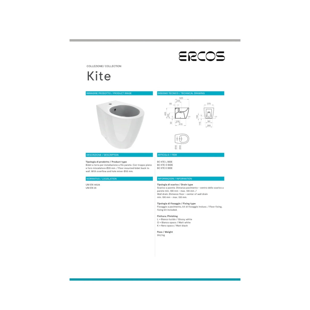 Bidet a Terra Ercos "Kite" Bianco Lucido