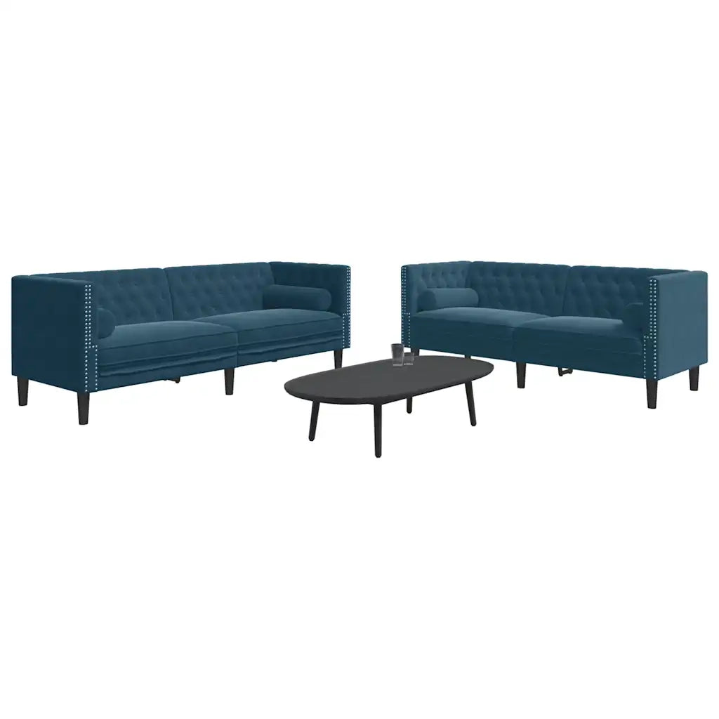 Set Divani Chesterfield 2pz con Cuscini Blu Velluto