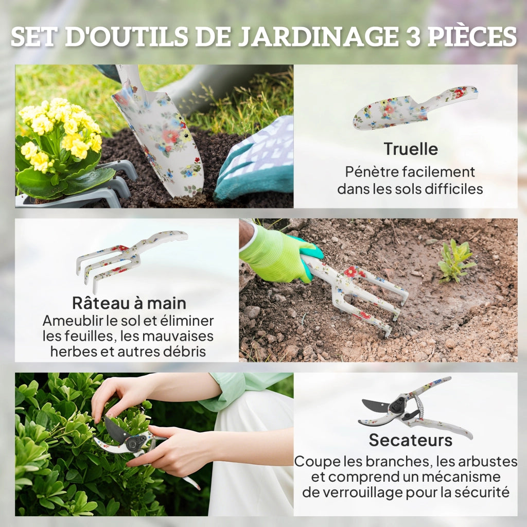 Set attrezzi da giardino 3 pezzi ¨C Xylo ¨C alluminio con forbici, paletta, rastrello