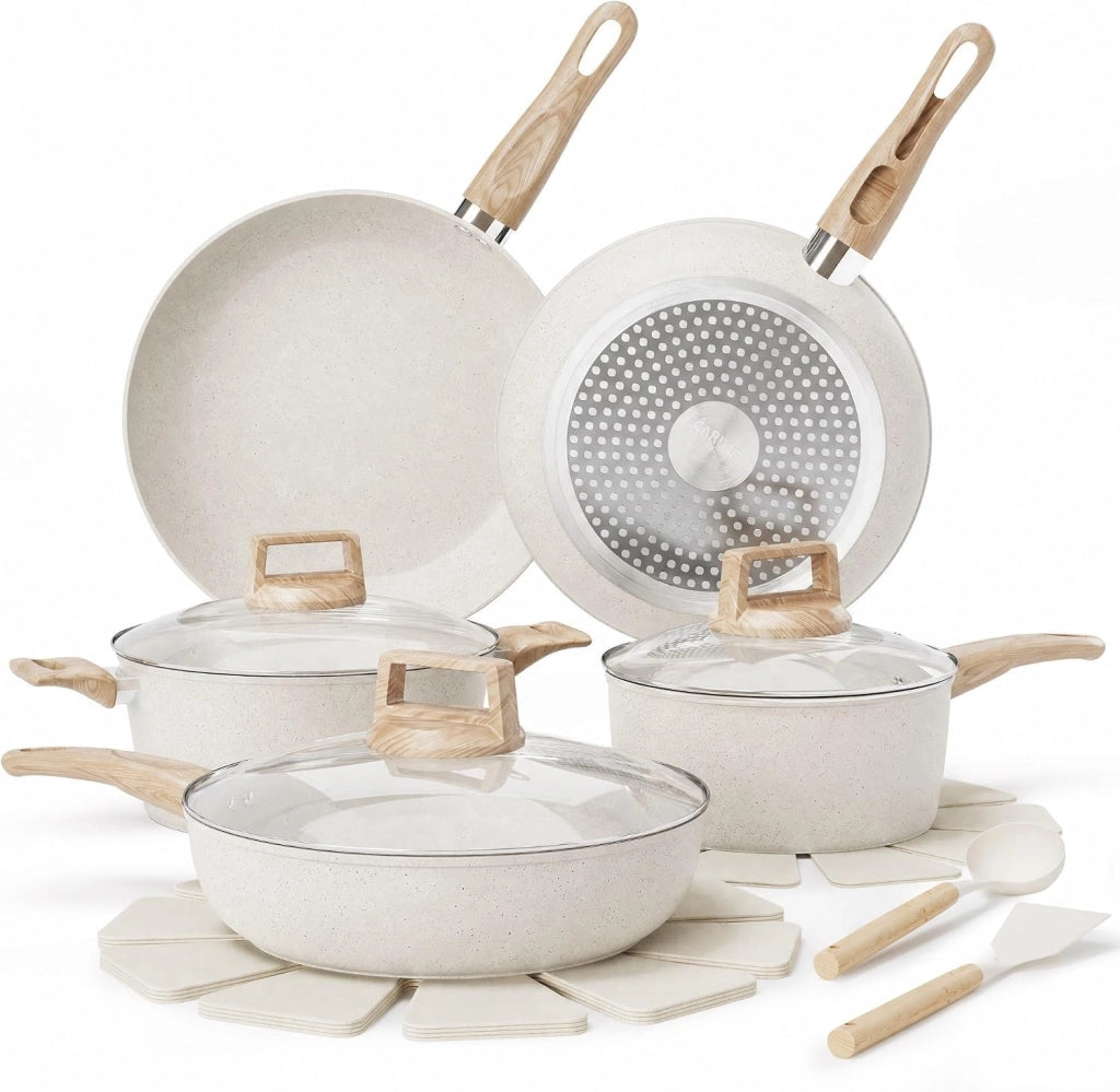 Set 14 pezzi di pentole e padelle antiaderenti in ceramica; induzione; alluminio; coperchi in vetro e utensili