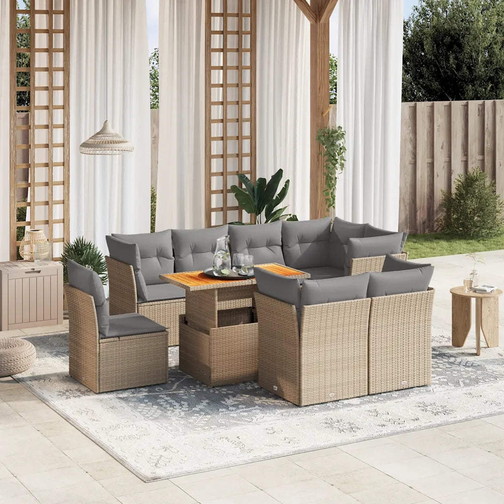 Set Divano da Giardino 9 pz con Cuscini Beige in Polyrattan
