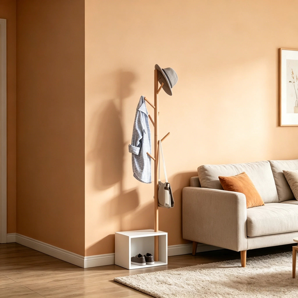 Mobile da ingresso con 6 ganci e panca contenitore; bianco e bambù; in MDF e legno di bambù