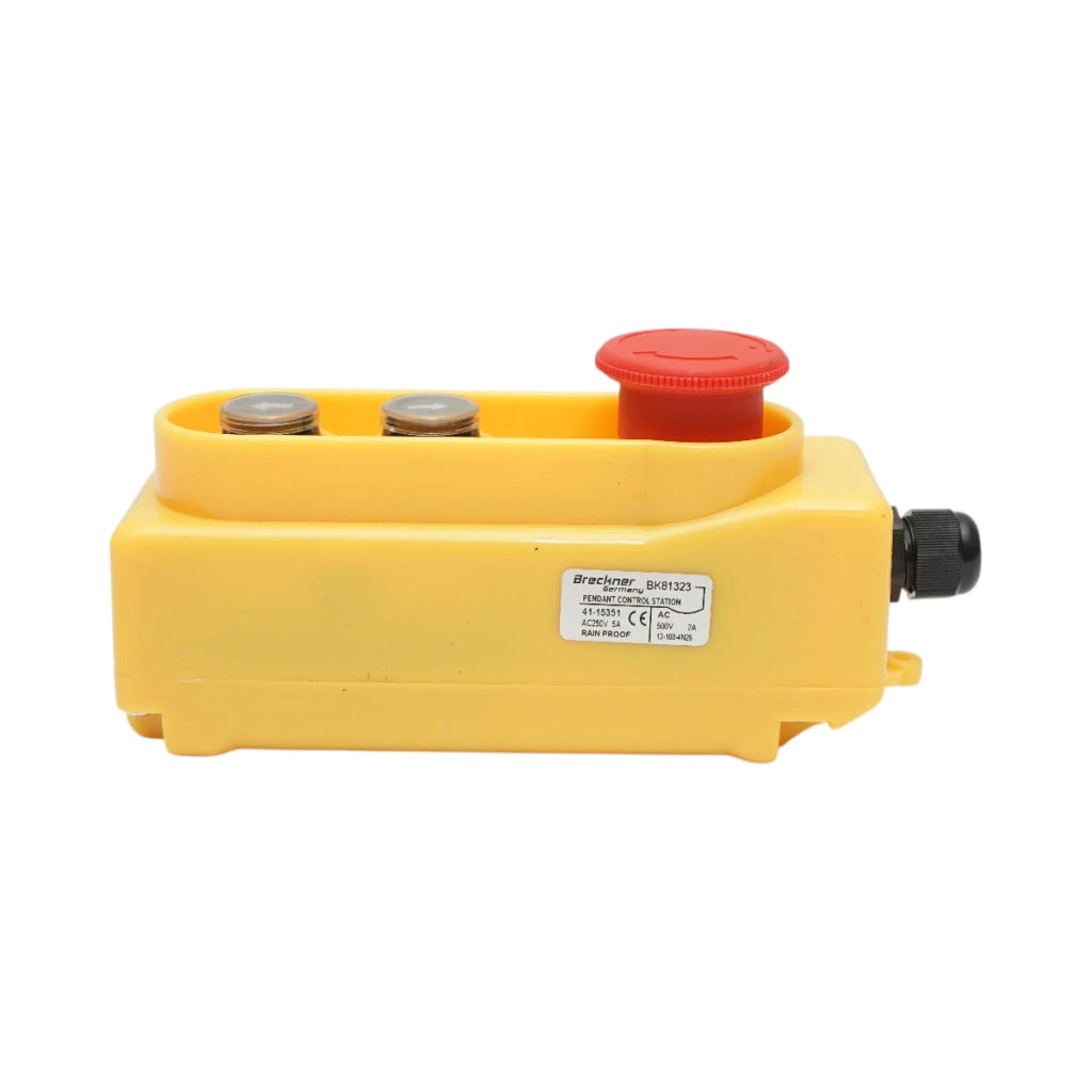 Telecomando industriale con 2 comandi, compatibile con AC 250V/5A – 500V/2A, dotato di pulsante di arresto d’emergenza. Breckner Germany