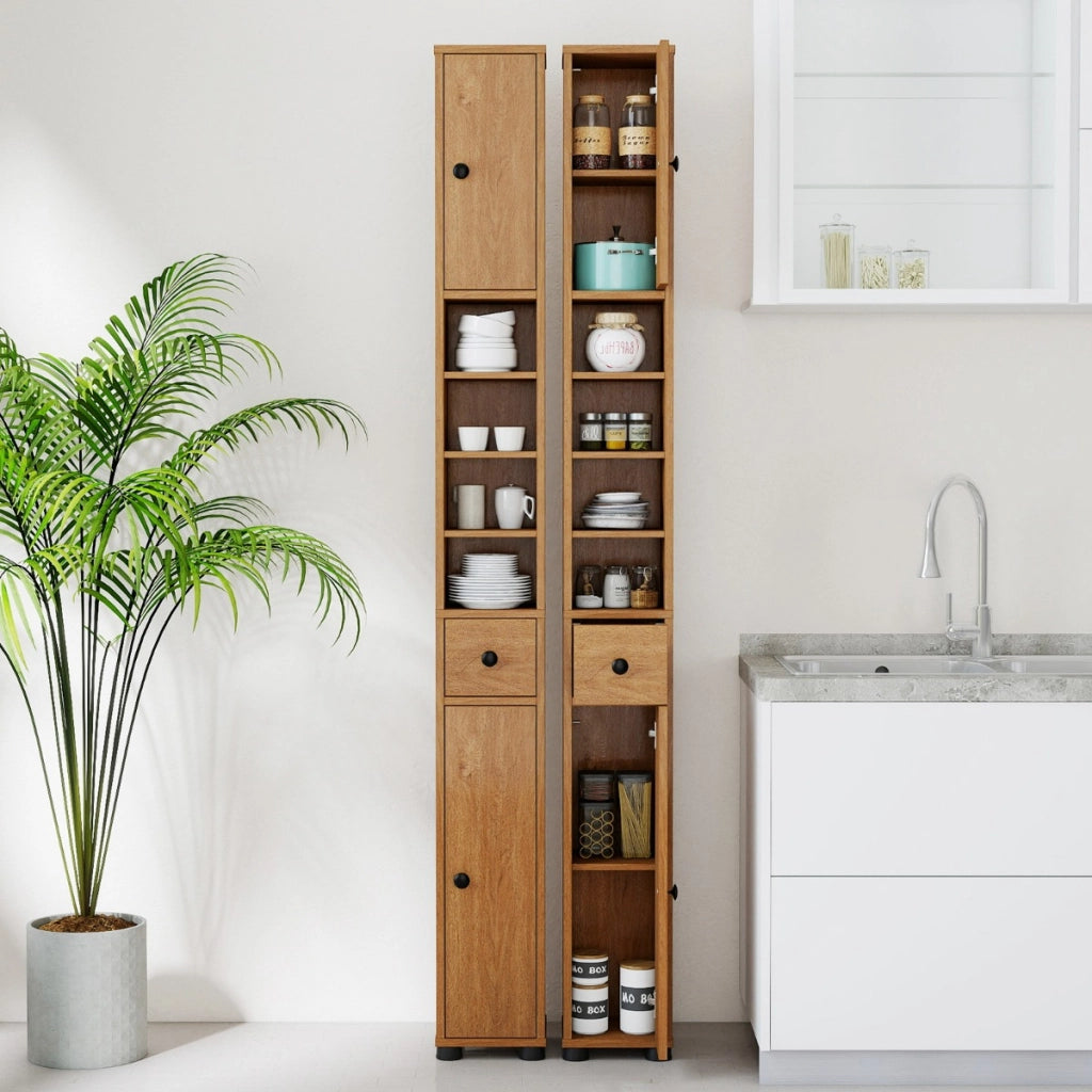 Armadio da bagno alto slim con 1 cassetto di stoccaggio, Armadio da bagno 5 ripiani regolabili struttura antiscivolo Legno naturale