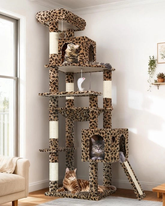Sistema per gatti in legno - 178 cm - lettino per gatti - 2 grandi case per gatti - piattaforma rivestita - angolo stabile - rampa in sisal - adatto per 3-5 grandi gatti - struttura per gatti.