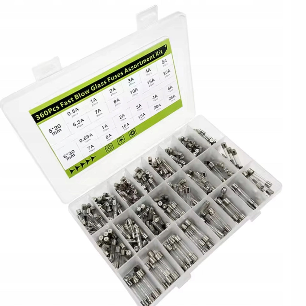 Set di Fusibili in Vetro WTA FuseSet Max360 – 360 Pezzi | 5x20 mm e 6x30 mm | 0,5A–25A | 250V | Tipo Rapido