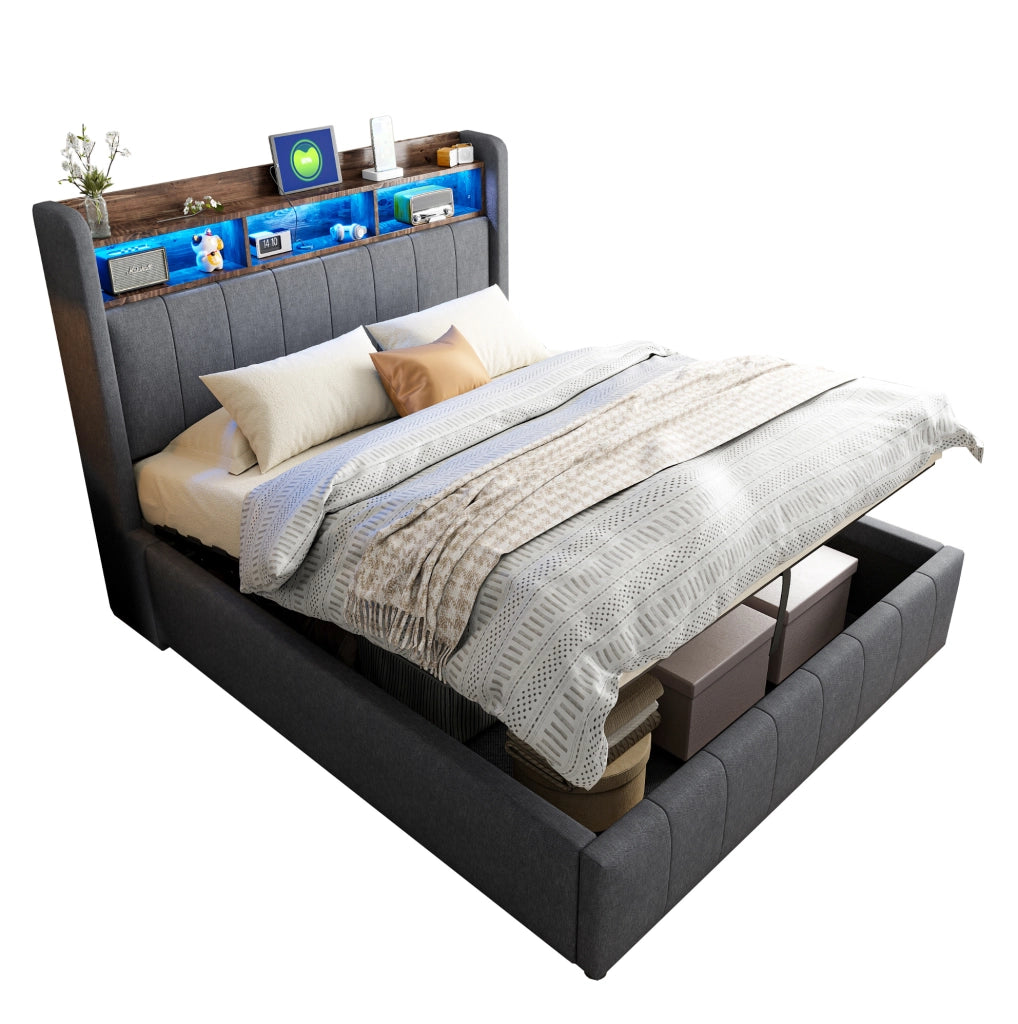 Letto imbottito 140x200 cm con LED, USB e contenitore idraulico