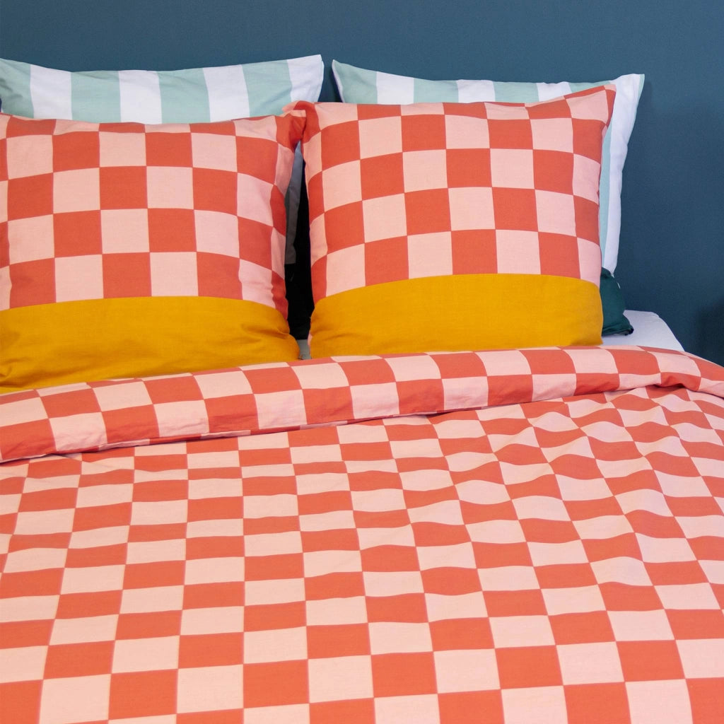 Set biancheria da letto in cotone con motivo a scacchi rosso e
