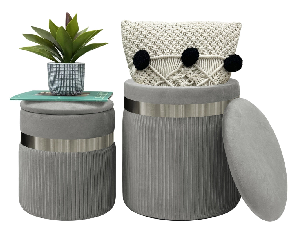 Set Di 2 Pouf Contenitori In Velluto Design Moderno Poggiapiedi,Sgabello Tondo con Coperchio Rimovibile e Seduta Imbottita Alta DensitÃ  Con Fascia In Metallo Contenitore Capiente Storage Box Grigio scuro