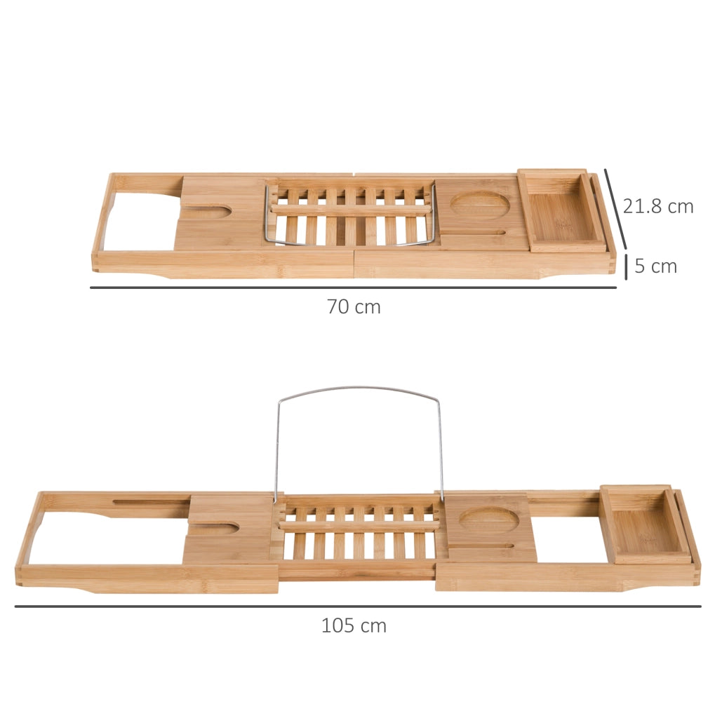 Mensola Regolabile in Bambù per Vasca da Bagno 70-105x21,8x5 cm con Braccia in Acciaio Inox