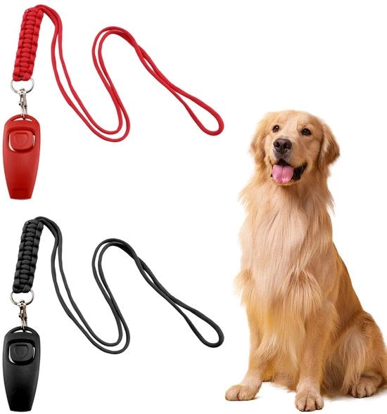 Due pezzi di flauto per cani, clicker professionale 2 in 1 per cani, alta frequenza, richiamo per controllo del cane, con corda intrecciata per addestramento cani, nero/rosso