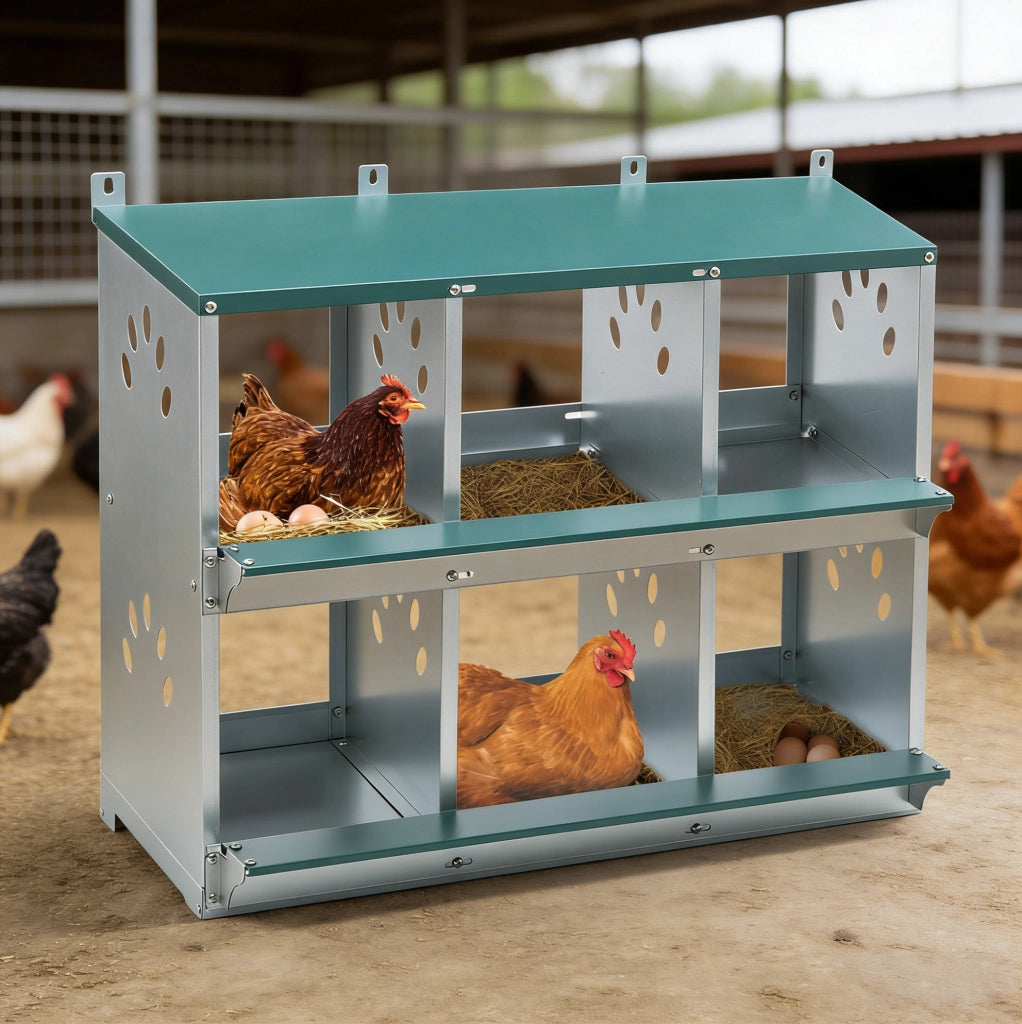 Nido per galline ULEVR a 6 scomparti con raccolta uova inclinata a 86¡ã, acciaio zincato verde