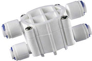 Valvola di scambio automatica 4 vie - Connettore 1/4 pollice - Valvola di chiusura automatica - Osmosi inversa - Sistema di filtrazione dell'acqua - Dimensioni 7,5 x 4,1 x 3,7 cm - Chiave di chiusura