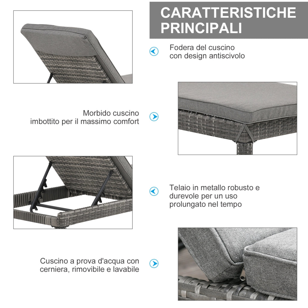 Set 2 Sdraio da Giardino ¨C Minimal ¨C Grigio con Cuscini Imbottiti