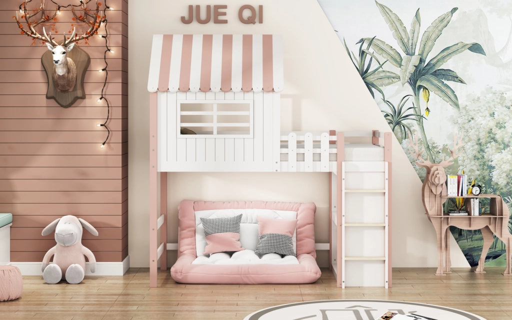 Letto per bambini a casetta rosa 90 x 200 cm con scala e rete