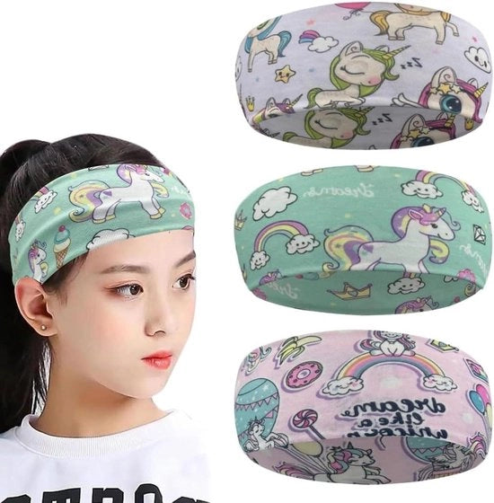 Set di 3 fasciature per bambine - Disegno unicornio - Fasciature elastiche - Diadema per decorazione capelliera - Bambine 5-15 anni - Fasciature per bambine