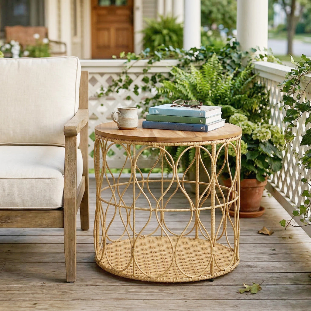 Tavolo laterale rotondo in rattan e acacia, 50 cm, piedini regolabili, resistente agli agenti atmosferici, salotto terrazzo giardino
