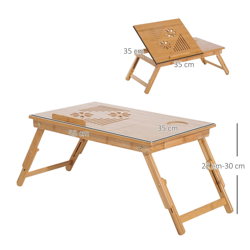 Tavolino da Letto per PC Portatile con Sistema di Raffreddamento in Bambù 55x35x22-30 cm