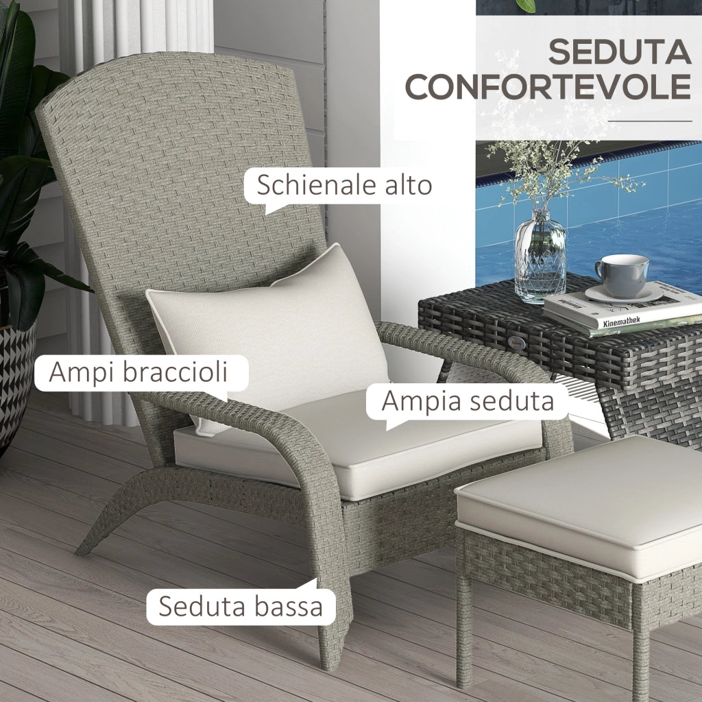 Sedia da Giardino con Poggiapiedi e Cuscini ¨C Minimal ¨C Rattan e Acciaio, Grigio e Crema, 64x82x89 cm