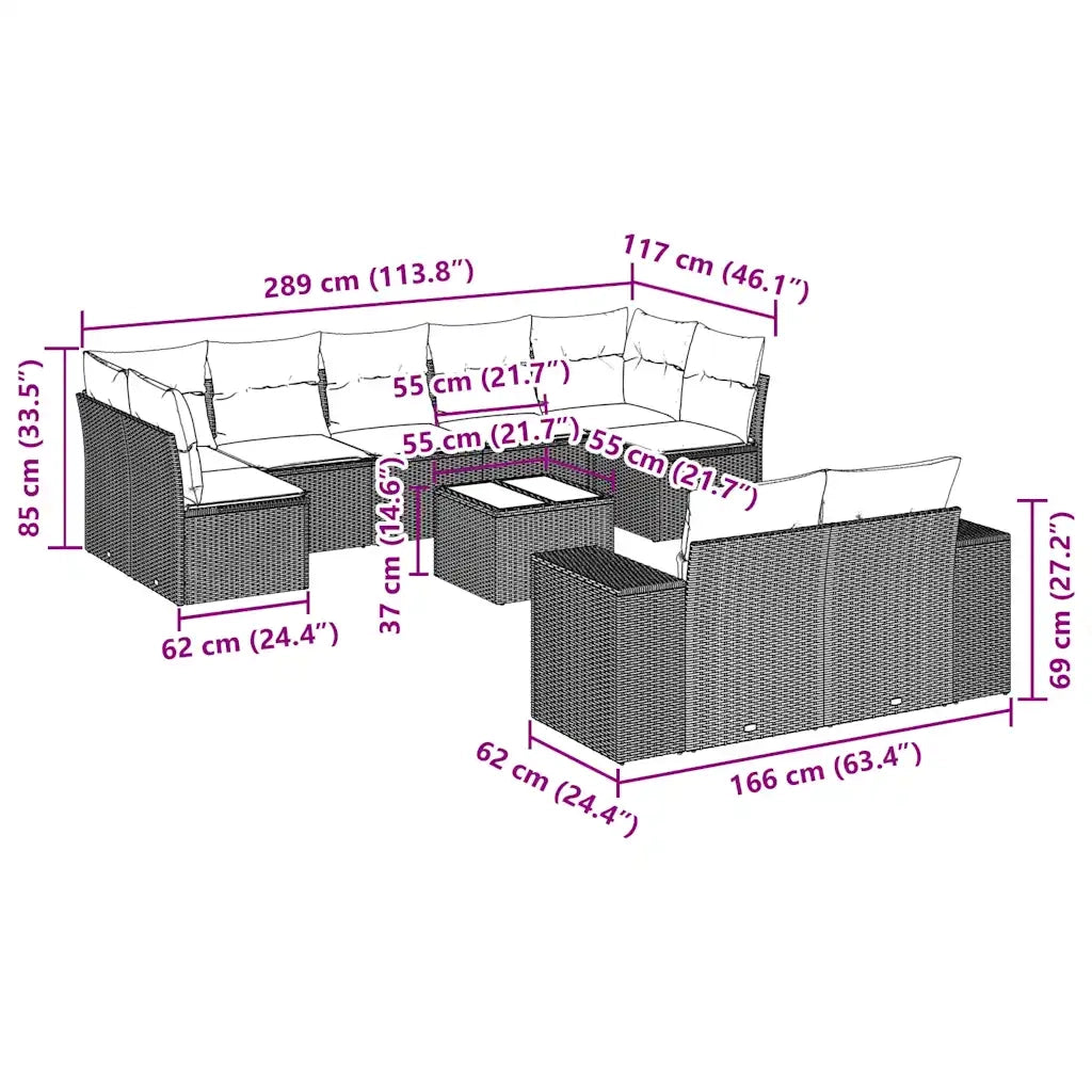 Set Divani da Giardino 10pz con Cuscini in Polyrattan Nero 3255363