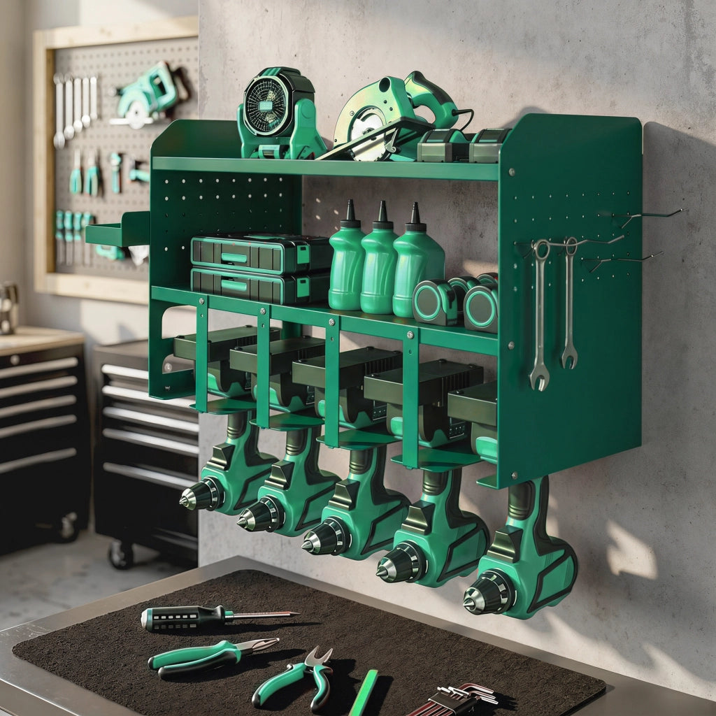 Porta Attrezzi da Parete 61,8x23x32,7 cm con Supporto per 5 Trapani Elettrici e Vassoio Laterale in Metallo Verde