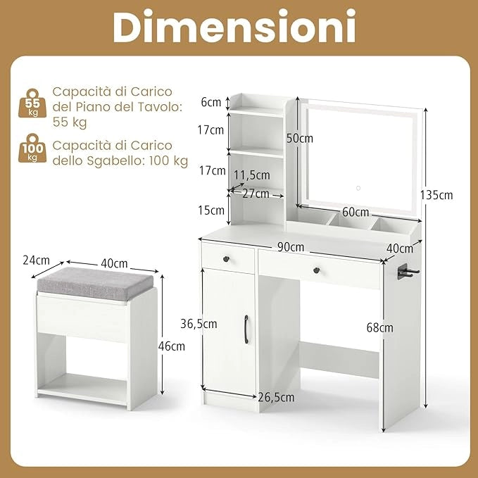 Tavolo da Toeletta con Luci, Set Tavolo e Sgabello con Stazione di Ricarica, Luci a 3 Colori, 2 Cassetti, 3 Ripiani, Sgabello con Contenitore, 90 x 40 x 135 cm, per Soggiorno Camera da Letto